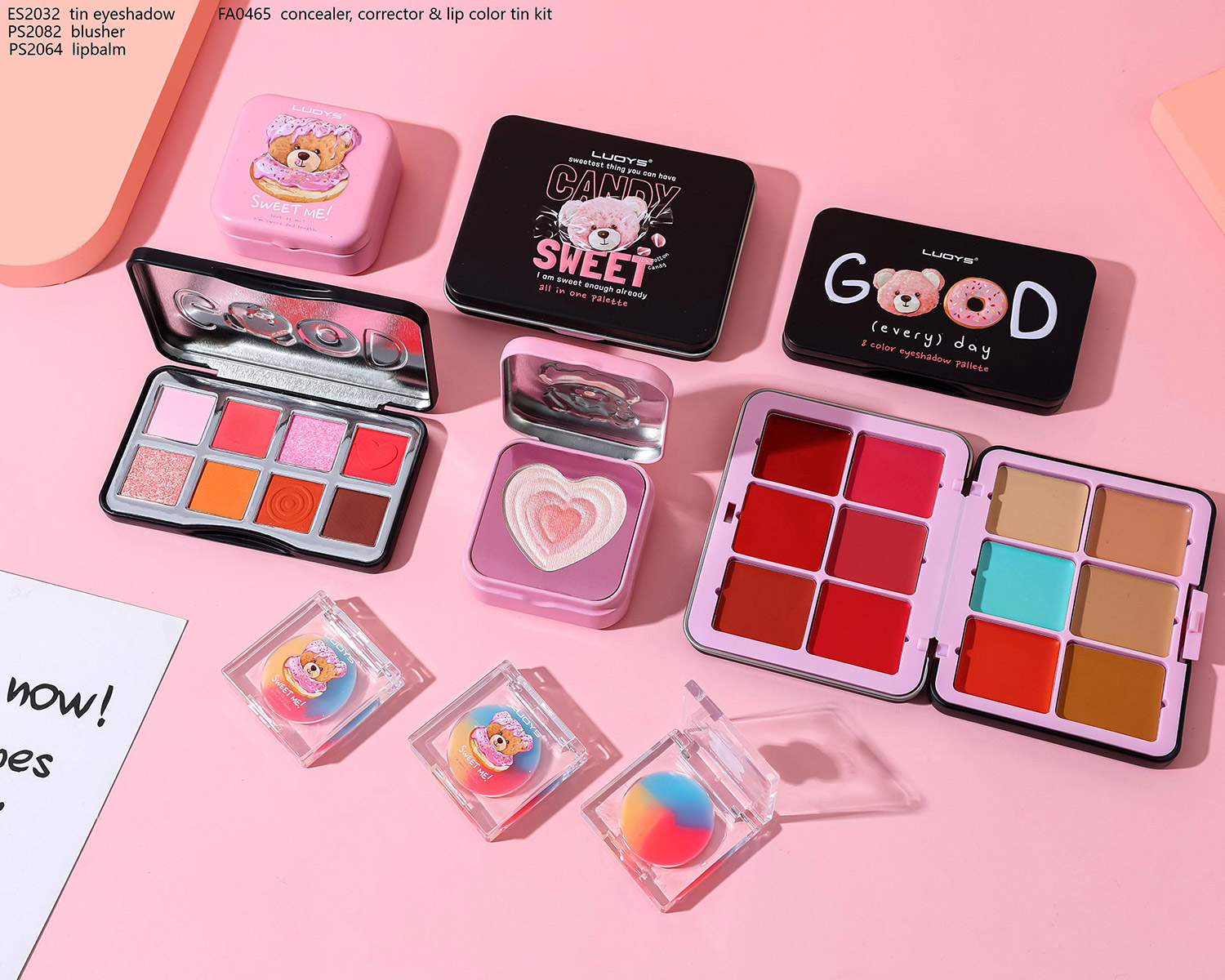 ES2032-tin-eyeshadow-FA0465-concealer,-corrector-&-lip-color-tin-kit-PS2082-blusher-PS2064-lipbalm