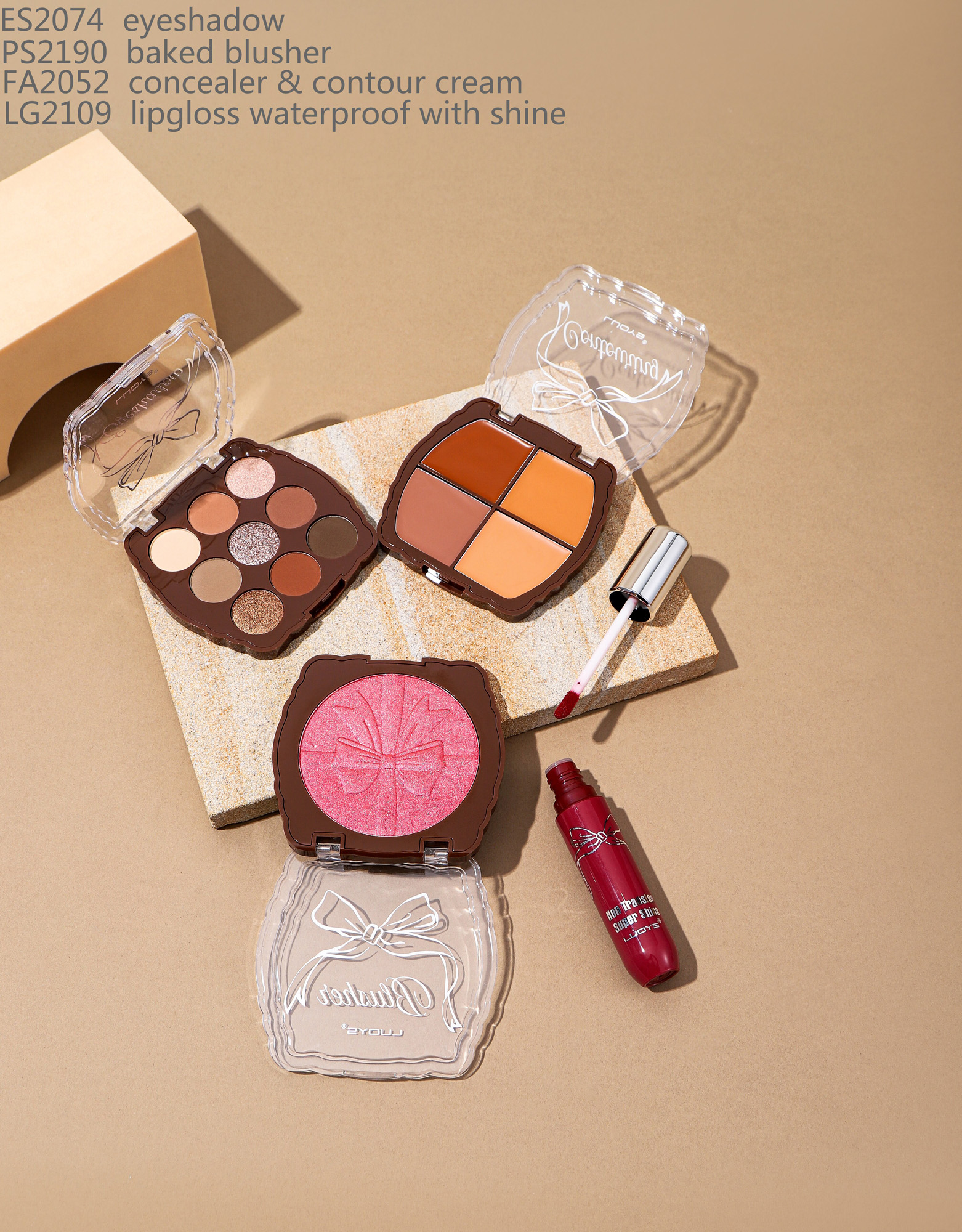 ES2074 eyeshadow PS2190 baked blusher FA2052 concealer & contour cream LG2109 lipgloss waterproof with shine