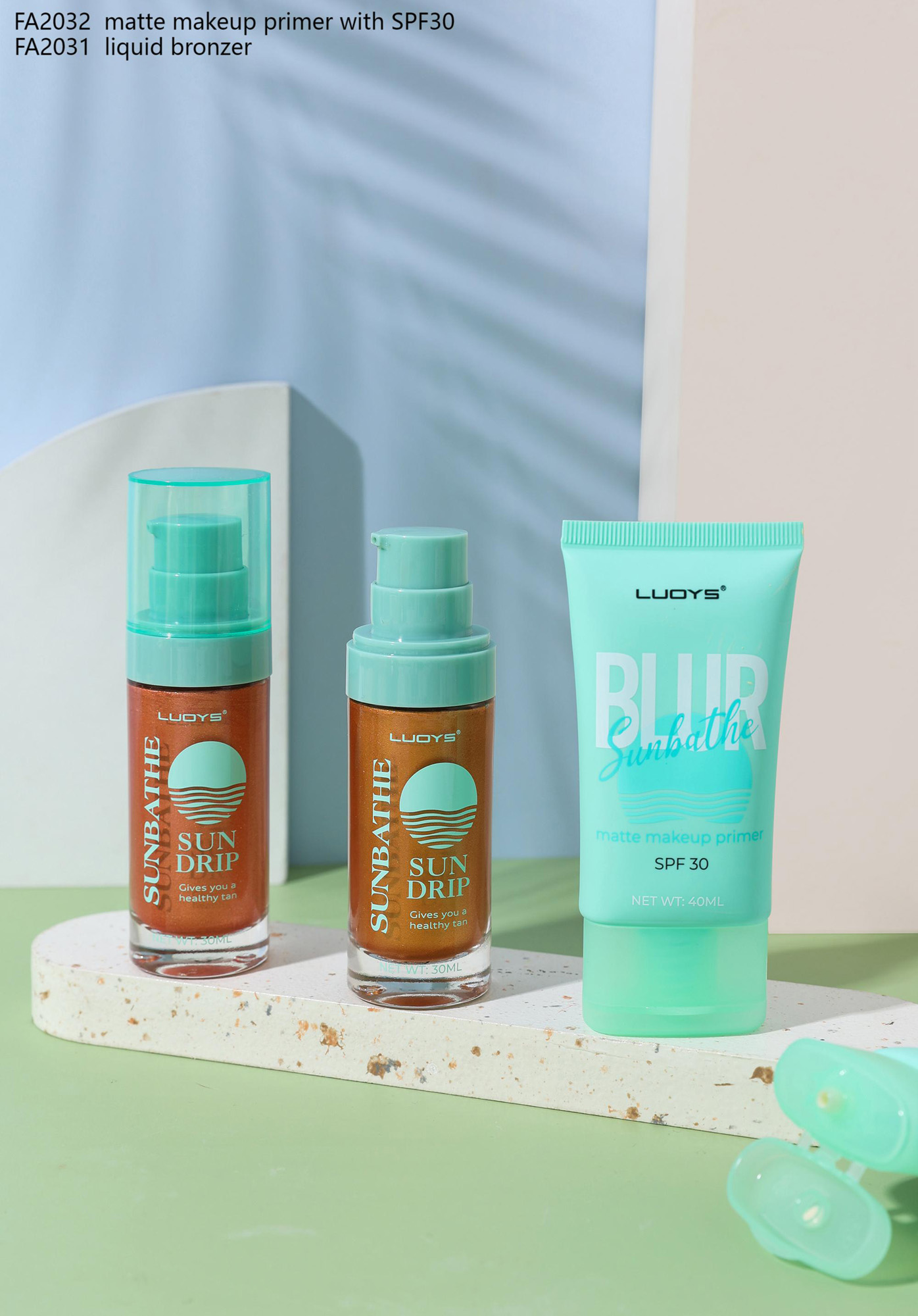 FA2032 matte makeup primer with SPF30 FA2031 liquid bronzer