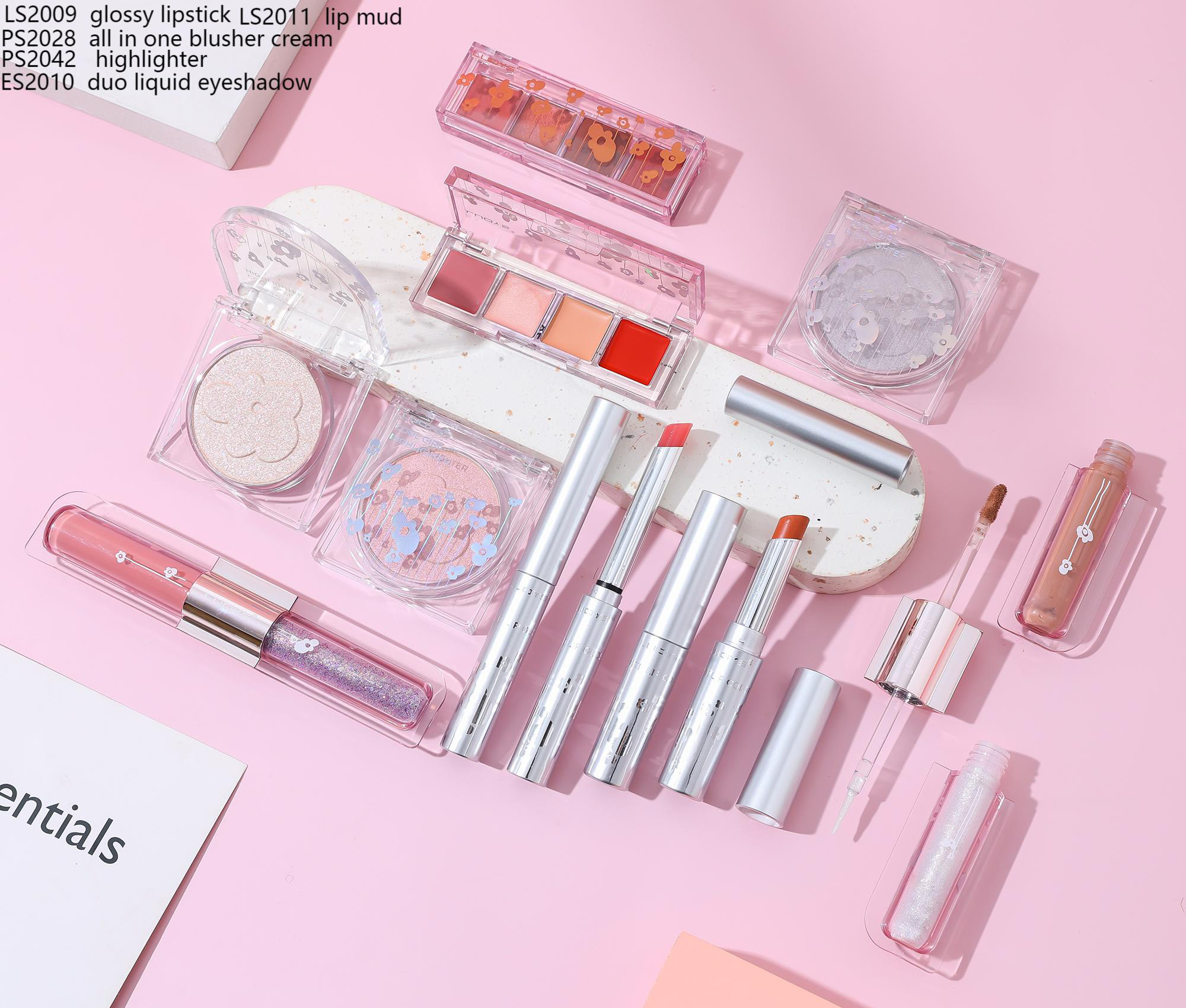 LS2009 glossy lipstick LS2011 lip mud PS2028 all in one blusher cream PS2042 highlighter ES2010 duo liquid eyeshadow