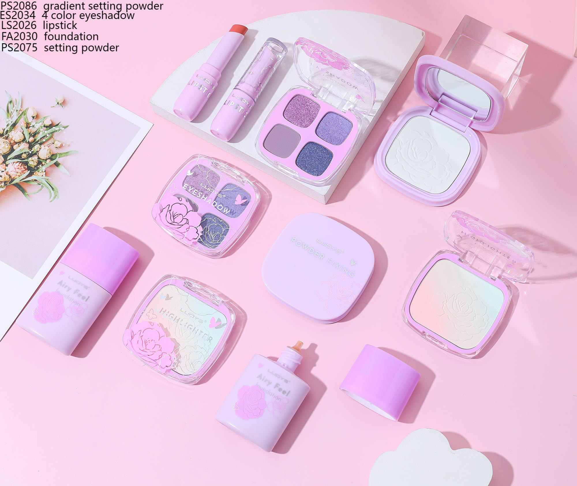 PS2086 gradient setting powder ES2034 4 color eyeshadow LS2026 lipstick FA2030 foundation PS2075 setting powder