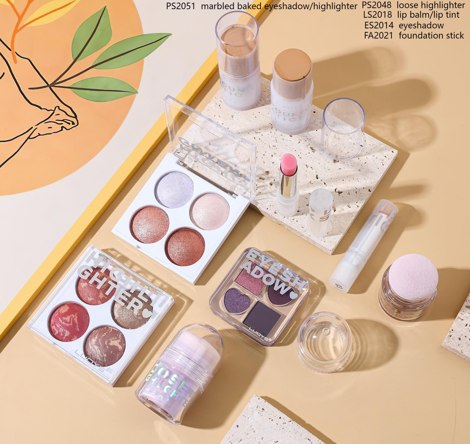 PS2051 marbled baked eyeshadow/highlighter PS2048 loose highlighter LS2018 lip balm/lip tint  ES2014 eyeshadow FA2021 foundation stick