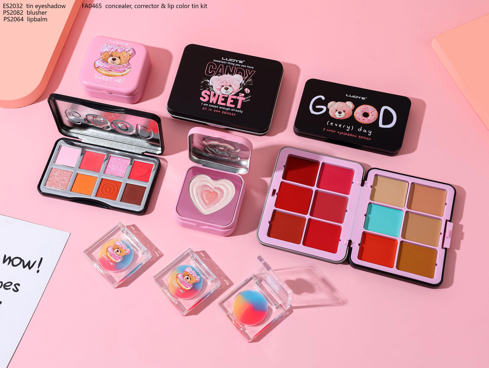 ES2032 tin eyeshadow FA0465 concealer, corrector & lip color tin kit  PS2082 blusher PS2064 lipbalm