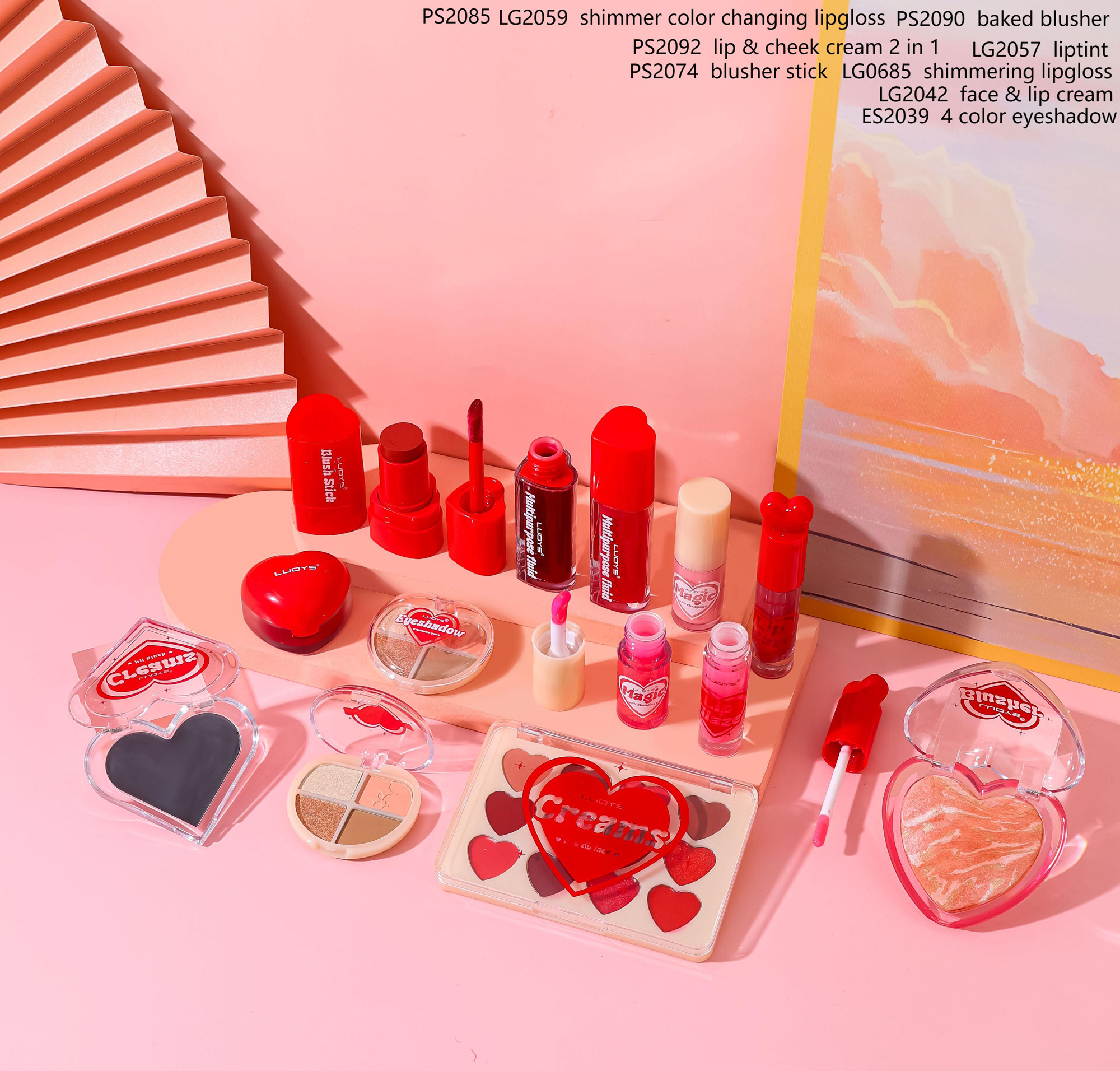 PS2085 LG2059 shimmer color changing lipgloss PS2090 baked blusher PS2092 lip & cheek cream 2 in 1 LG2057 liptint PS2074 blusher stick LG0685 shimmering lipgloss LG2042 face & Tip cream ES2039 4 color eyeshadow