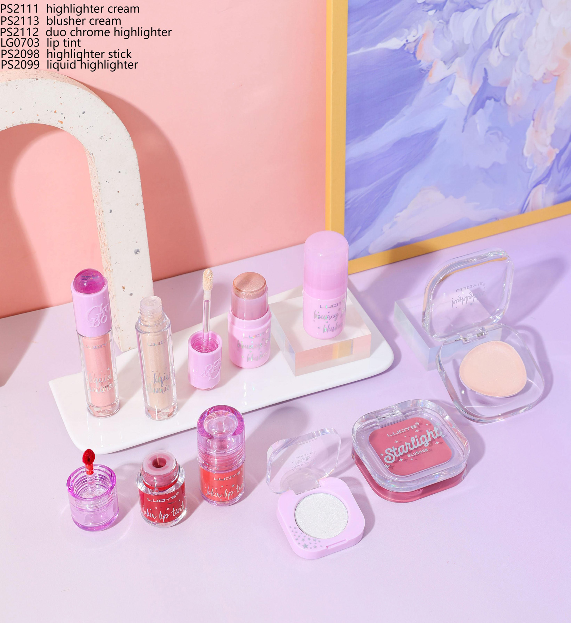 PS2111 highlighter cream PS2113 blusher cream PS2112 duo chrome highlighter LG0703 lip tint PS2098 highlighter stick PS2099 liquid highlighter