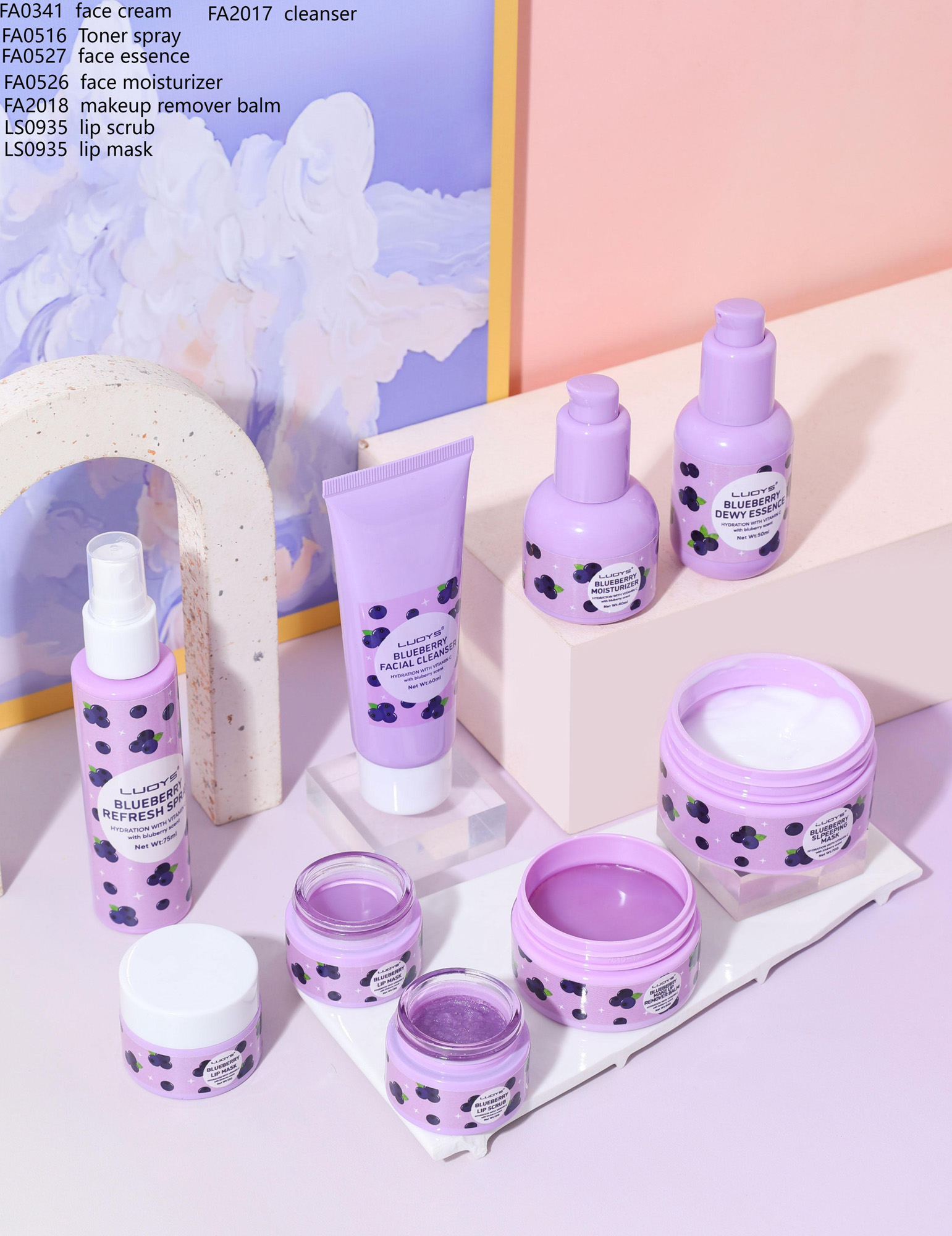 FA0341 face cream FA2017 cleanser FA0516 Toner spray FA0527 face essence FA0526 face moisturizer FA2018 makeup remover balm LS0935 lip scrub LS0935 lip mask