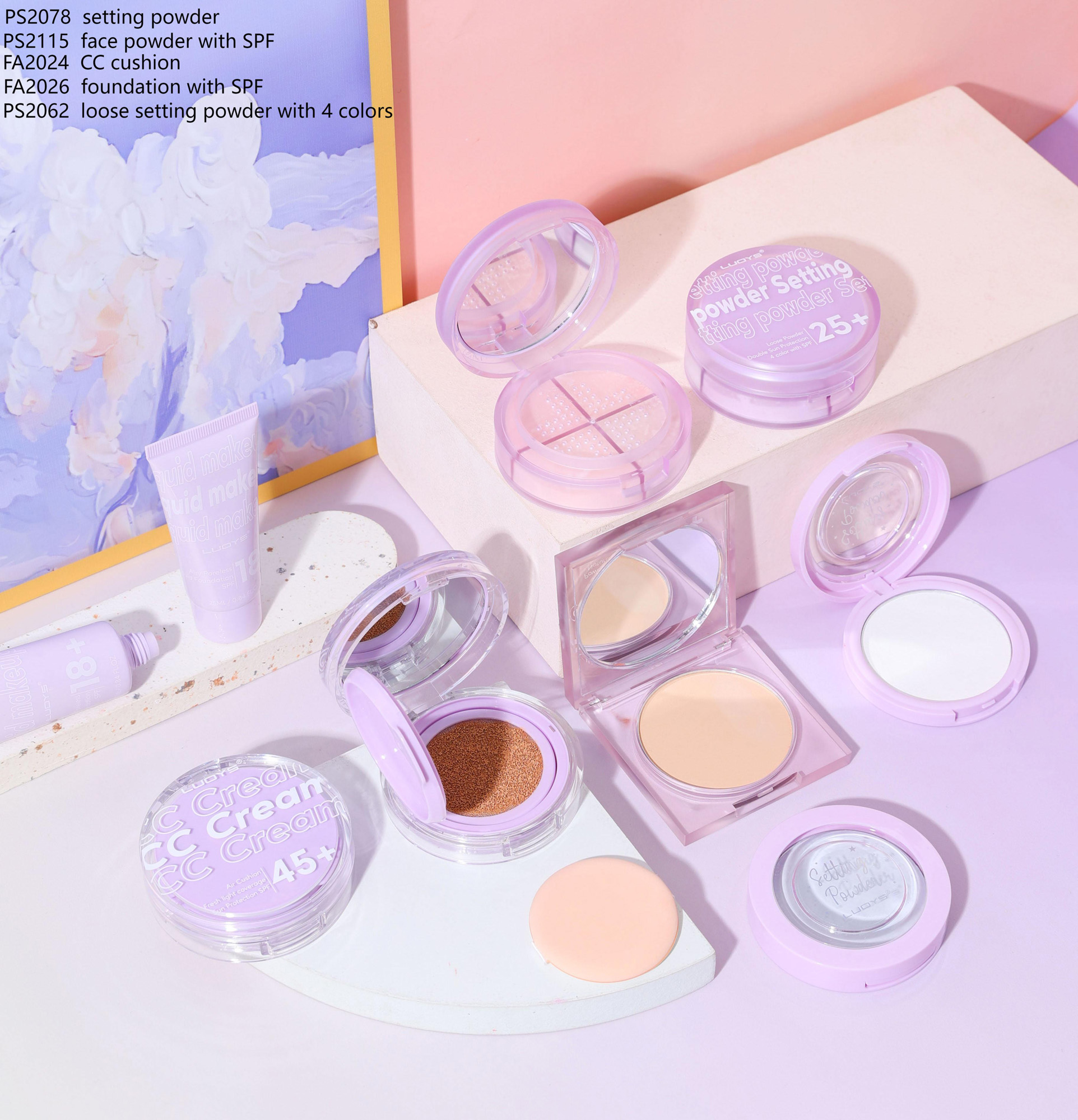 PS2078 setting powder PS2115 face powder with SPF FA2024 CC cushion FA2026 foundation with SPF PS2062 loose setting powder with 4 colors