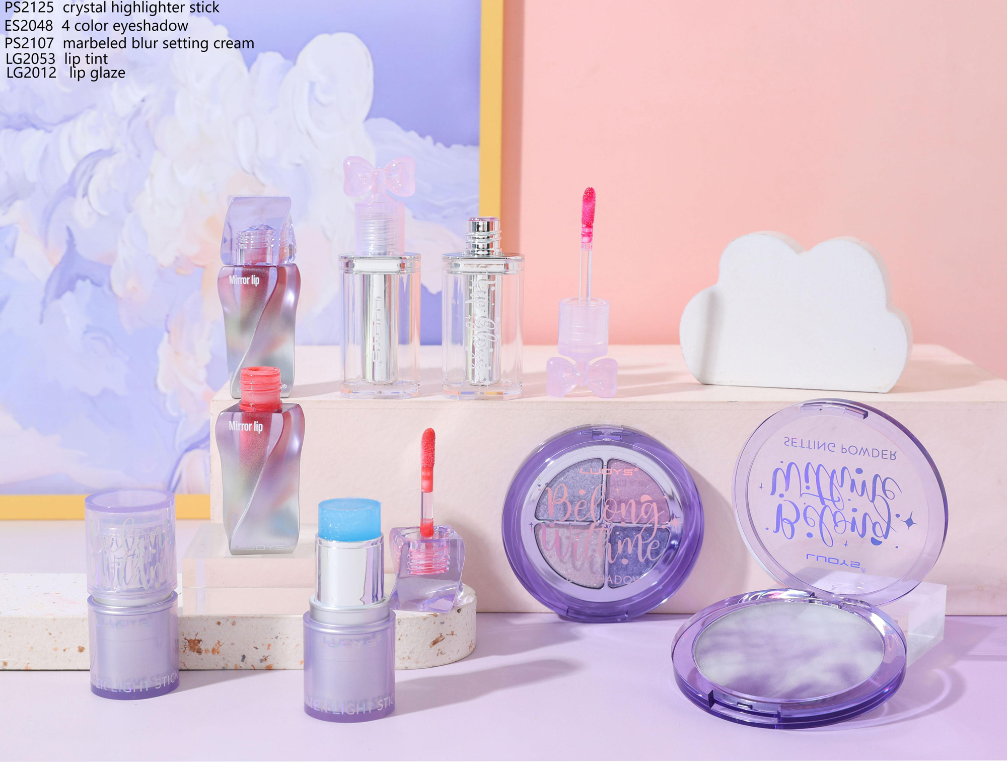 PS2125 crystal highlighter stick ES2048 4 color eyeshadow PS2107 marbeled blur setting cream LG2053 lip tint LG2012 lip glaze