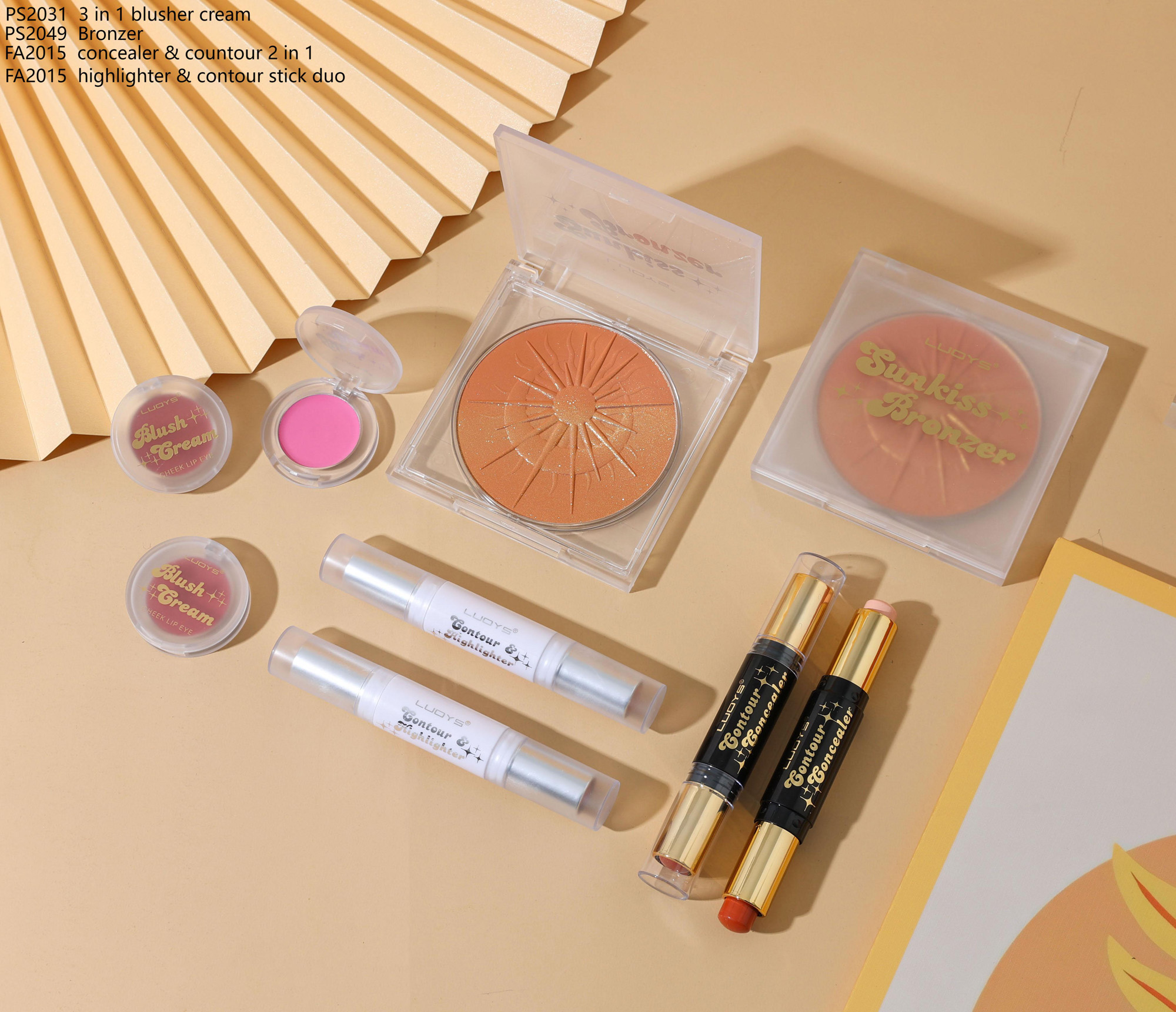 PS2031 3 in1 blusher cream PS2049 Bronzer FA2015 concealer & countour 2 in 1 FA201 5 highlighter & contour stick duo