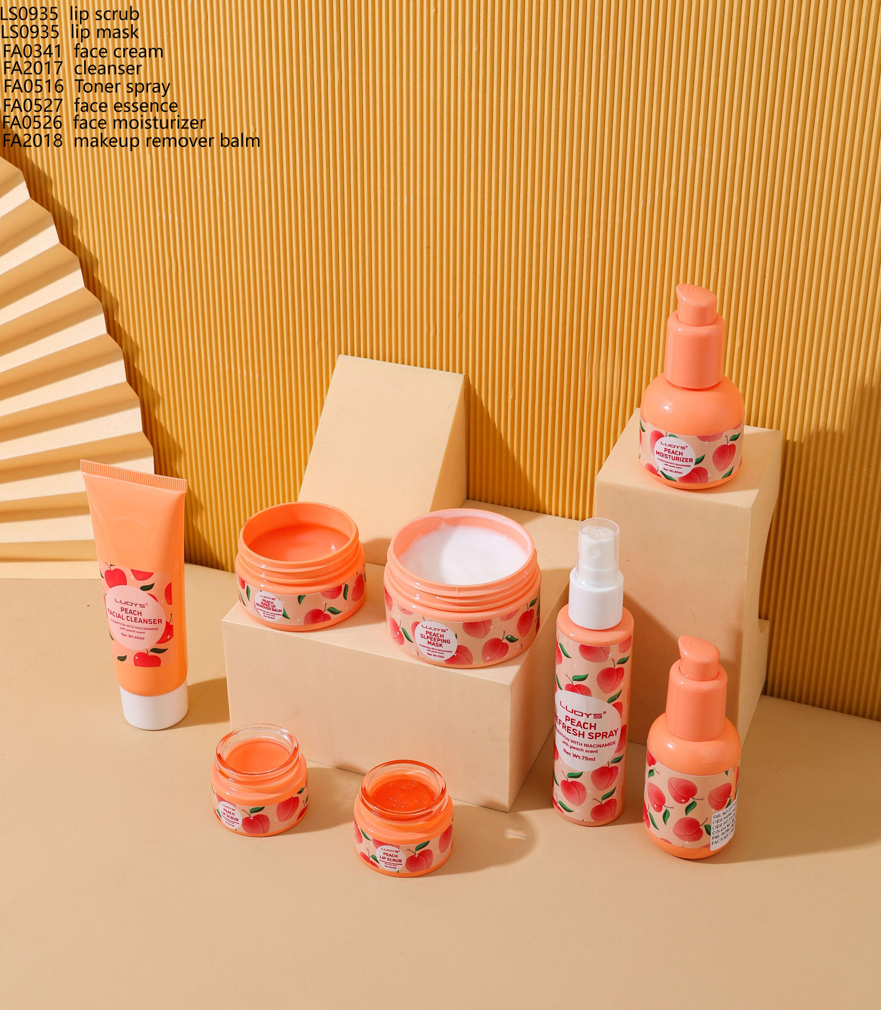 LS0935 lipscrub LS0935 lipmask FA0341 face cream FA2017 cleanser FA0516 Toner spray FA0527 face essence. FA0526 face moisturizer FA2018 makeup remover balm