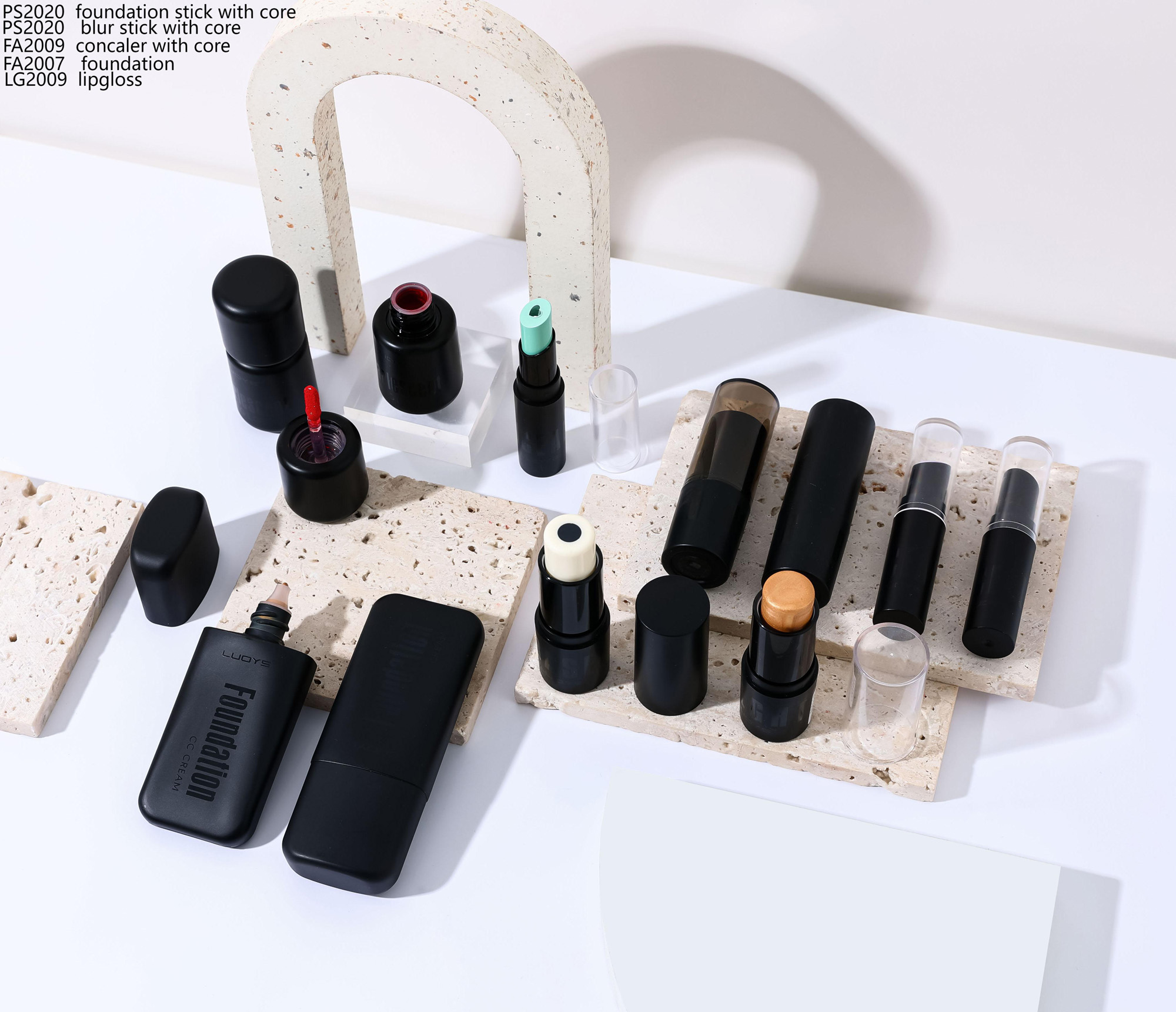PS2020 foundation stick with core PS2020 blur stick with core FA2009 concaler with core FA2007 foundation LG2009 lipgloss