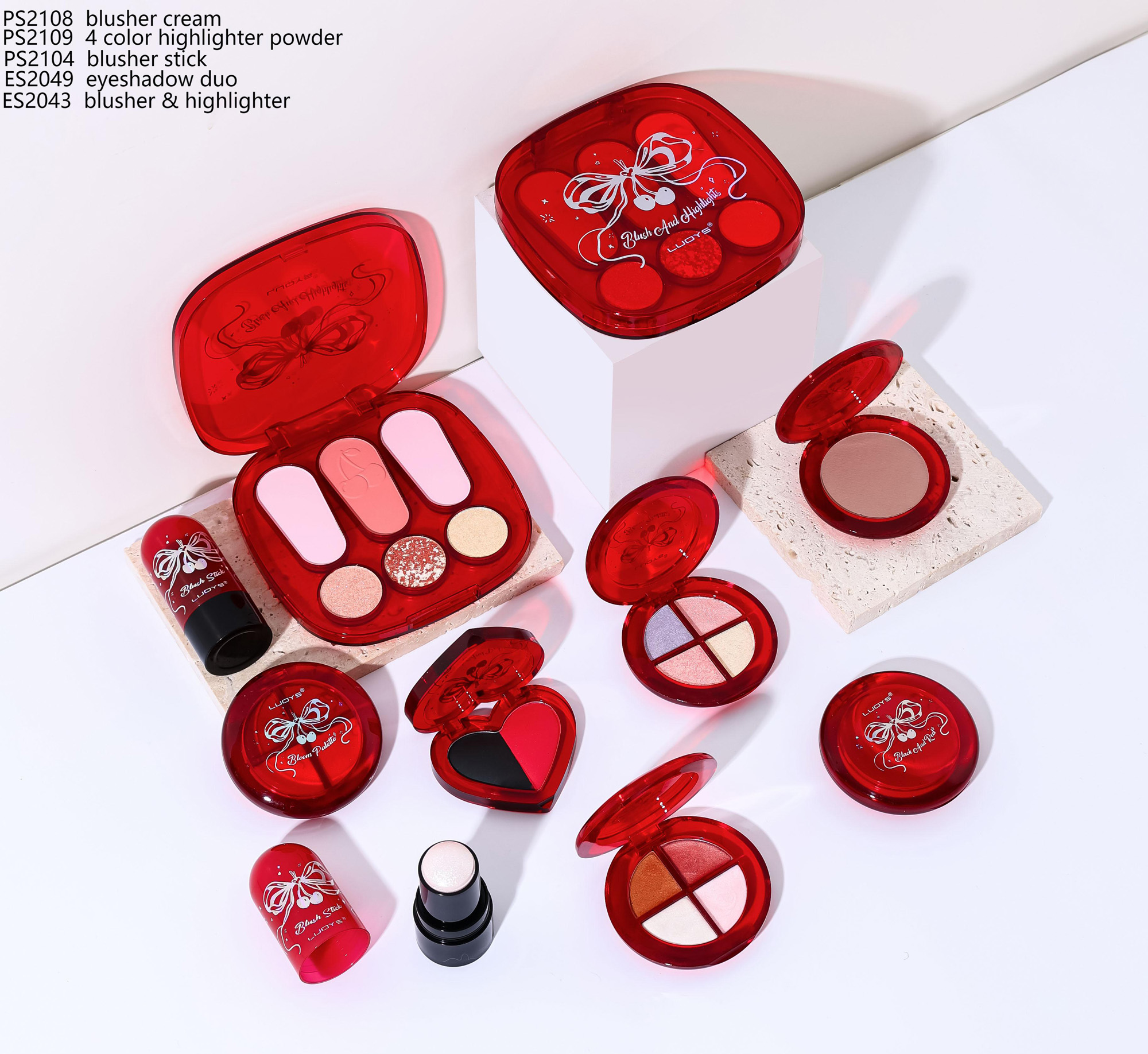 PS2108 blusher cream PS2109 4 color highlighter powder PS2104 blusher stick ES2049 eyeshadow duo ES2043 blusher & highlighter