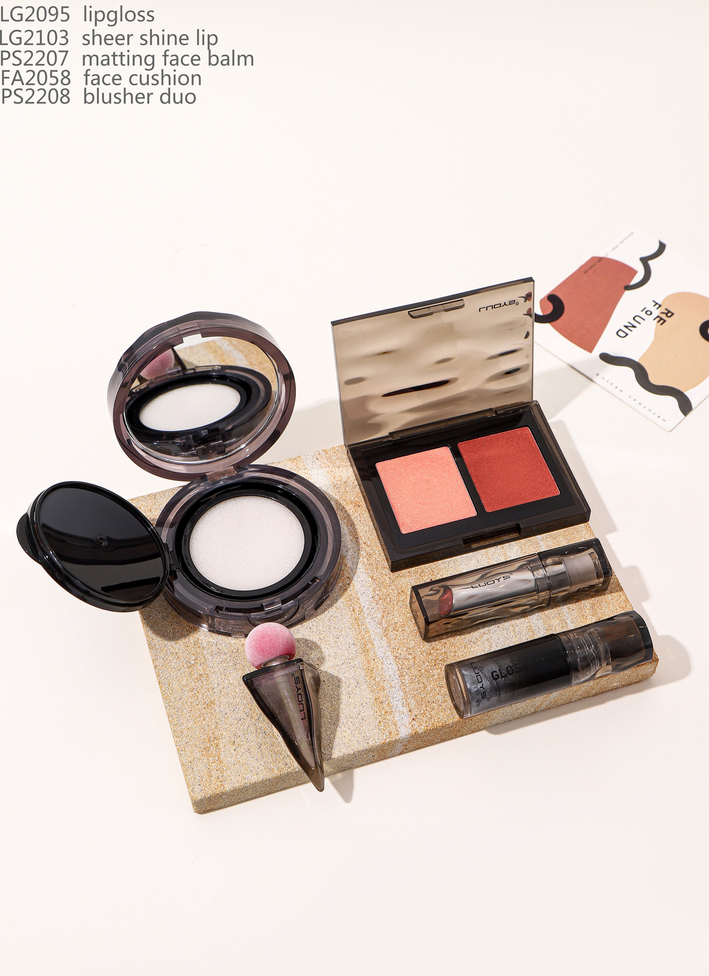 LG2095 lipgloss LG2103 sheer shine lip PS2207 matting face balm FA2058 face cuishion PS2208 blusher duo