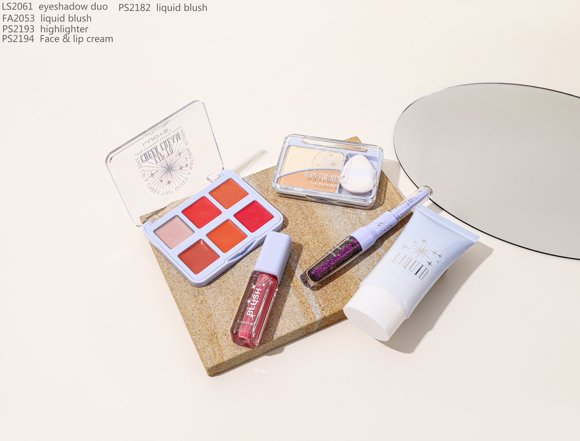 LS2061 eyeshadow duo PS2182 liquid blush FA2053 liquid blush PS2193 highlighter PS2194 Face & lip cream