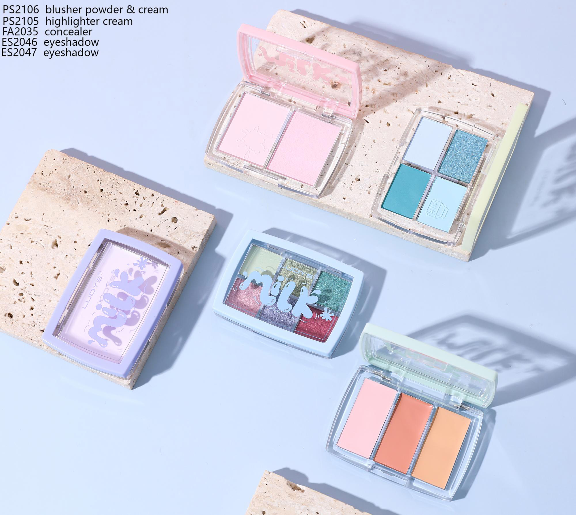 PS2106 blusher powder & cream PS2105 highlighter cream FA2035 concealer ES2046 eyeshadow ES2047 eyeshadow