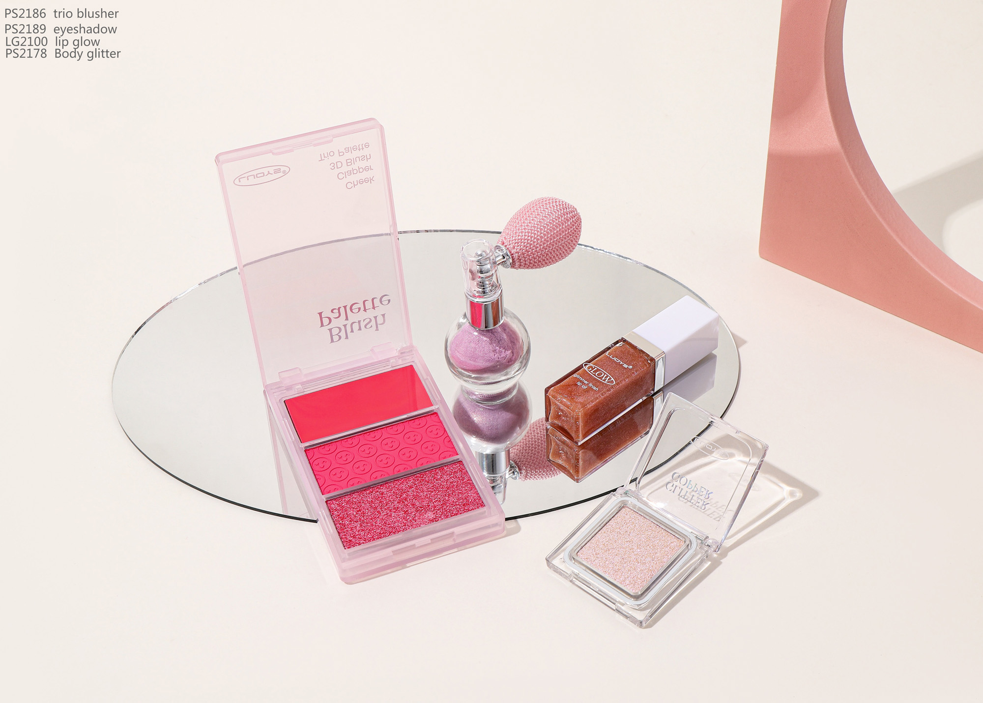 PS2186 trio blusher PS2189 eyeshadow LG2100 lip glow PS2178 Body glitter