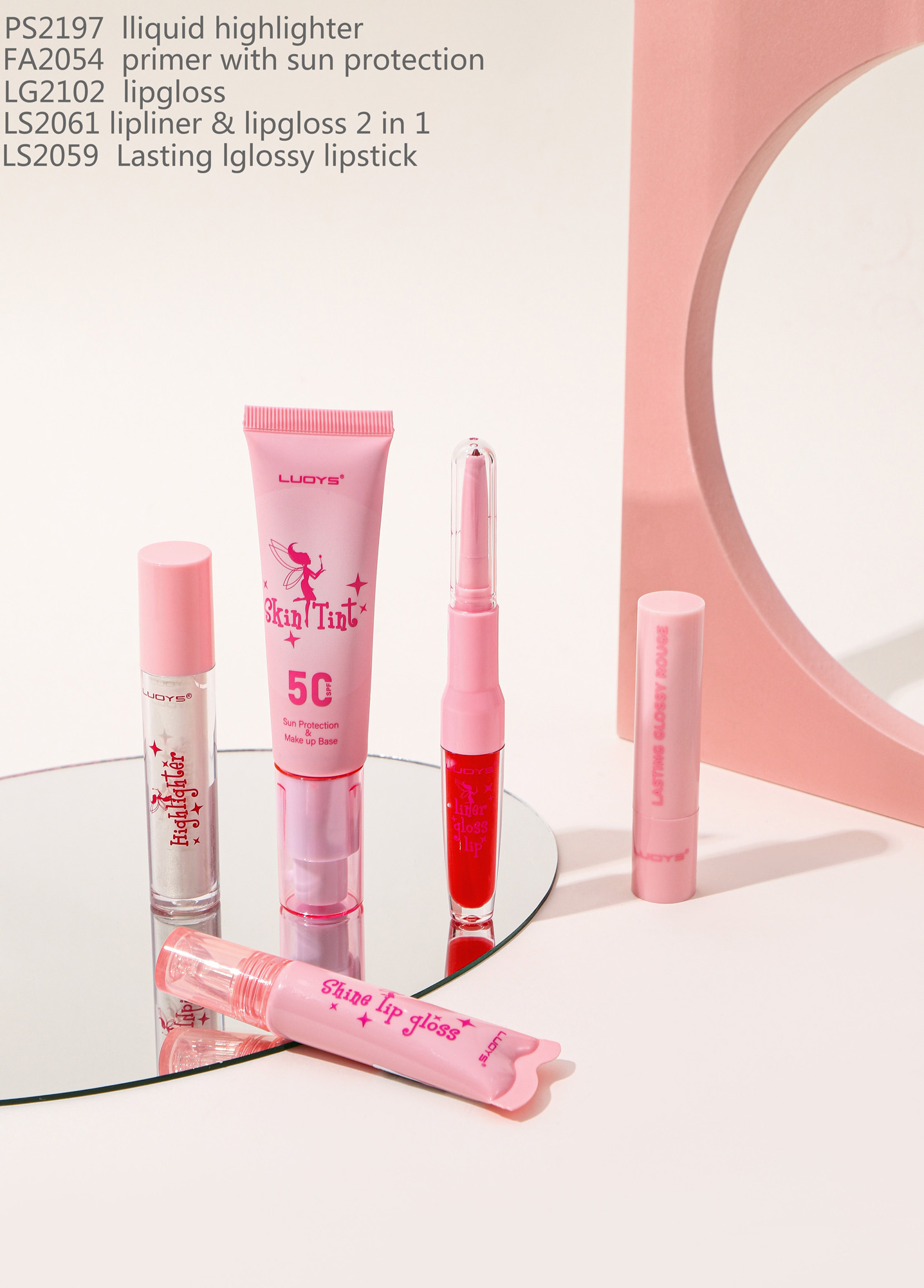 PS2197 liquid highlighter FA2054 primer with sun protection LG2102 lipgloss LS2061 lipliner & lipgloss 2 in 1 LS2059 Lasting lglossy lipstick