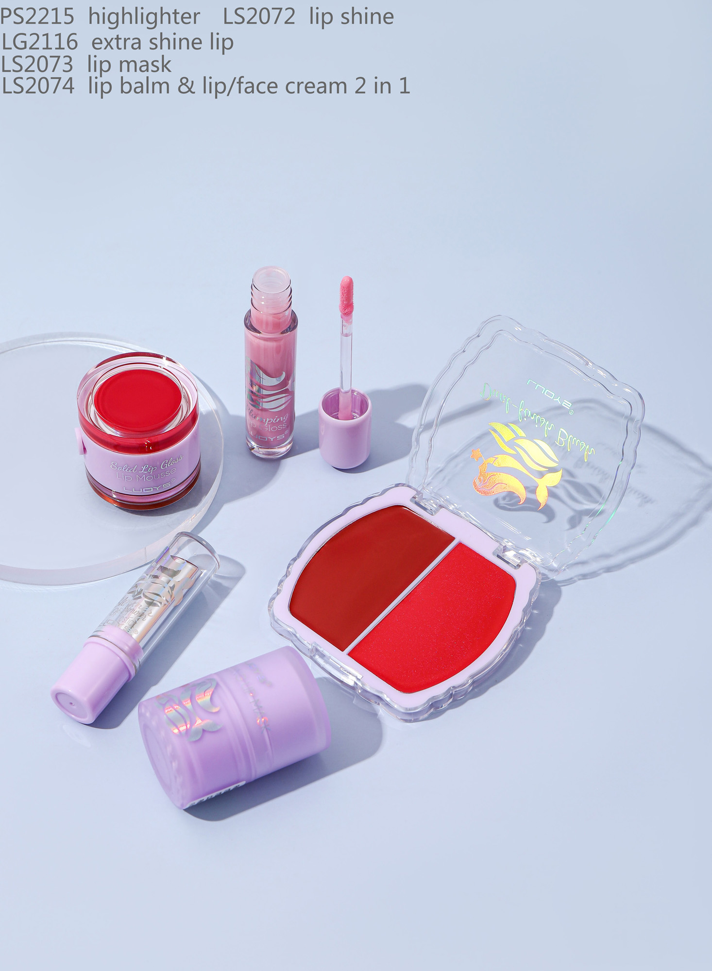PS2215 highlighter LS2072 lip shine LG2116 extra shine lip LS2073 lip mask LS2074 lip balm & lip/face cream 2 in 1